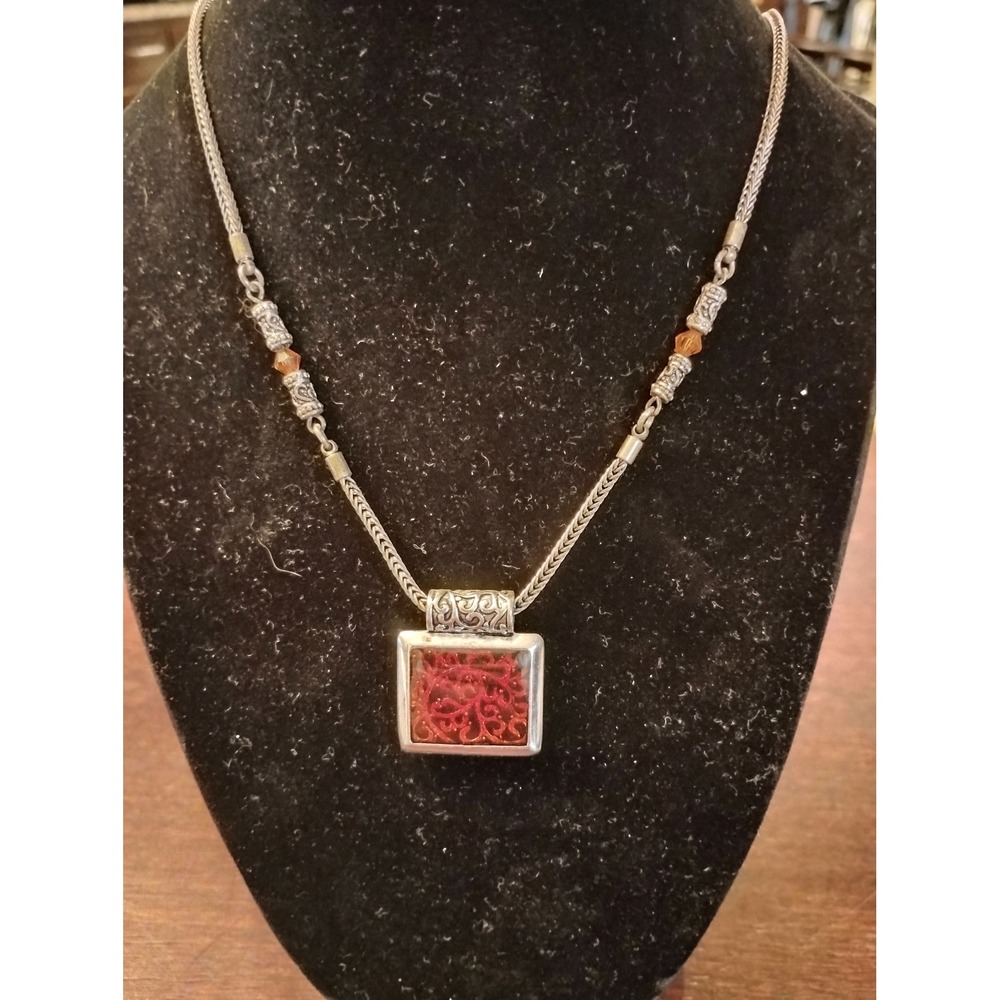 Silver Tone Red Filigree Square Pendant‎ Wheat Chain Necklace Amber Bead Accents
